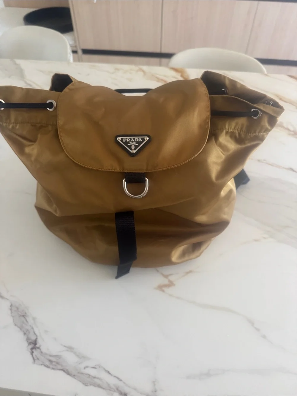 Prada Metallic Gold Nylon Drawstring Backpack with Flap